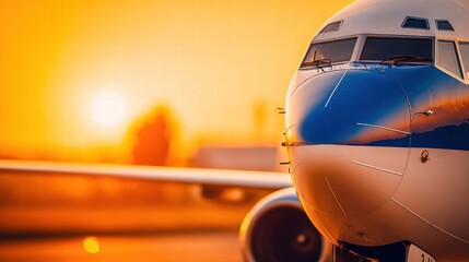 Fototapeta premium Airplane at sunset, showcasing golden hour and aviation themes perfectly.