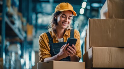 female warehouse worker manager small stock business owner holding phone and retail package parcel boxes checking commercial shipping delivery order on smartphone using mobile app technology no logos