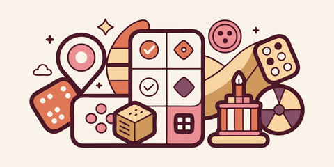 Playful graphic with board game elements and festive celebration icons featuring a fun color palette with whimsical design