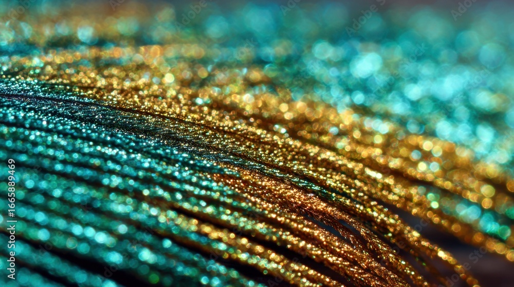 Poster a close-up abstract image of a peacock feather displaying gold and teal details with a bokeh effect.