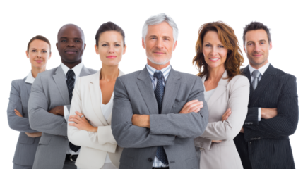 Group of confident business professionals standing together with arms crossed, isolated on white background.