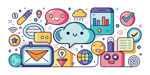 Playful illustration of social media and internet communication icons featuring smiles and engaging elements for online platforms and digital marketing