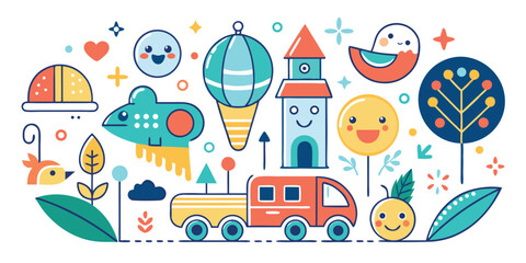 Playful kids illustration with cute animals and toys with a fun cheerful composition for childrens designs