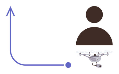 Abstract concept featuring a drone, human icon, an arrow rising upward, and connecting lines. Ideal for tech advancement, innovation, surveillance, progress, modern communication future trends