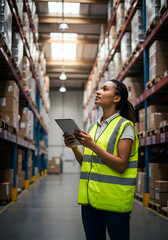 A young Black woman in a safety vest and dark pants, looking up at high warehouse shelves while using a tablet. Warehouse worker checking inventory in a modern distribution center.