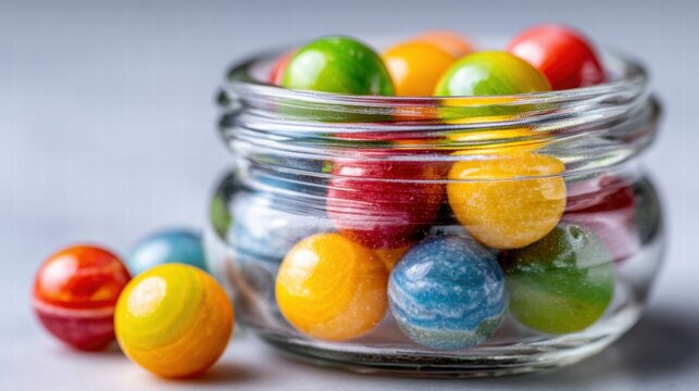 Close-up of a glass jar brimming with colorful gumballs, ready to be enjoyed.