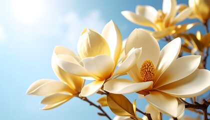 Close-up of creamy yellow magnolia blossoms against a bright blue sky