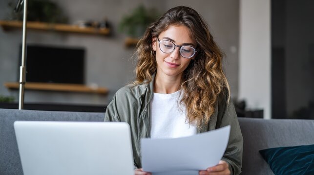 young woman looking for job at home using laptop holding white sheet board advert copyspace for your ad finance business work gadgets and tech concept freelance education remote work no logos no bran