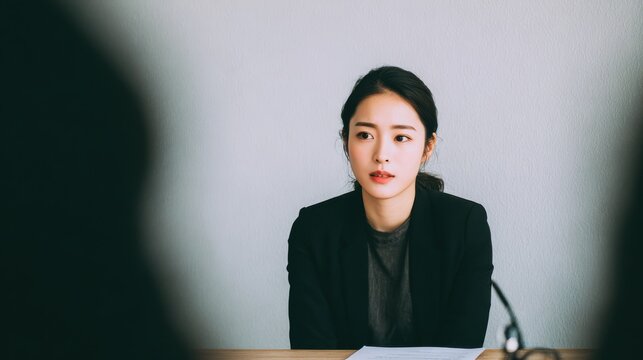 recruiter interview young asian woman job candidate asking questions for a job interview no logos no brands ar 169