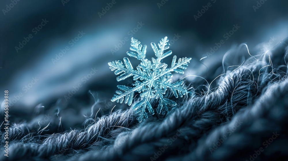 Poster macro photograph showcasing a pristine snowflake resting on a textured fabric surface.