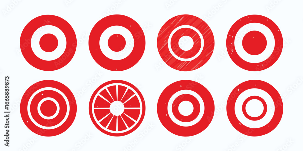 Poster set of distressed red target illustrations on white background representing accuracy and precision,v
