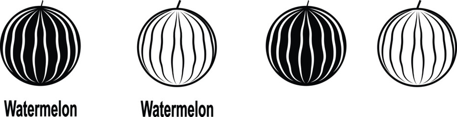 Watermelon icon set with solid black silhouette and outline vector illustration style. Collection of tropical fruit icons for food, nutrition, healthy eating, organic, vegan vegetarian and diet design