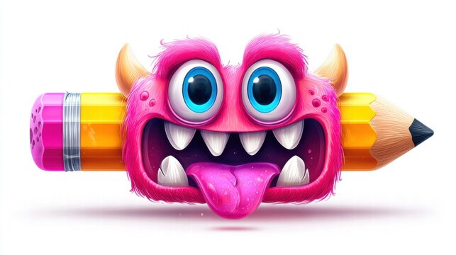 This playful pink monster bites a giant yellow pencil, making a fun and creative illustration.