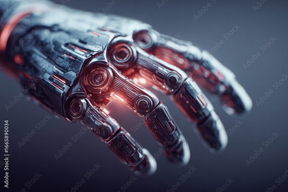 Poster intricate detail of a robotic hand, a symbol of advanced artificial intelligence and futuristic tech
