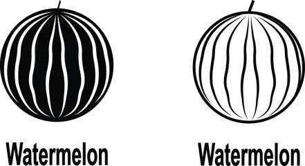 Watermelon icon set with solid black silhouette and outline vector illustration style. Collection of tropical fruit icons for food, nutrition, healthy eating, organic, vegan vegetarian and diet design