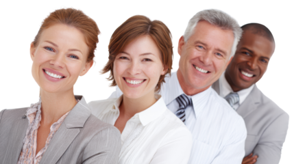 Group of diverse professionals smiling confidently in a team setting, white isolate background.