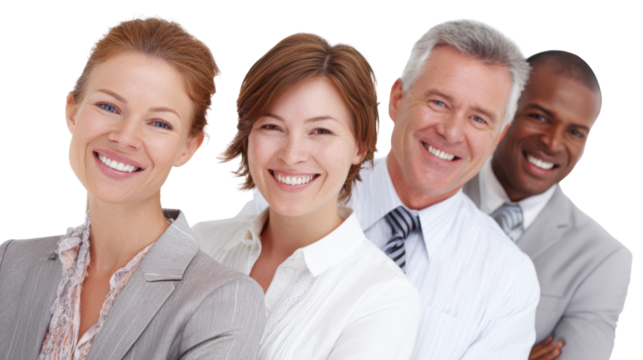 Group of diverse professionals smiling confidently in a team setting, white isolate background.