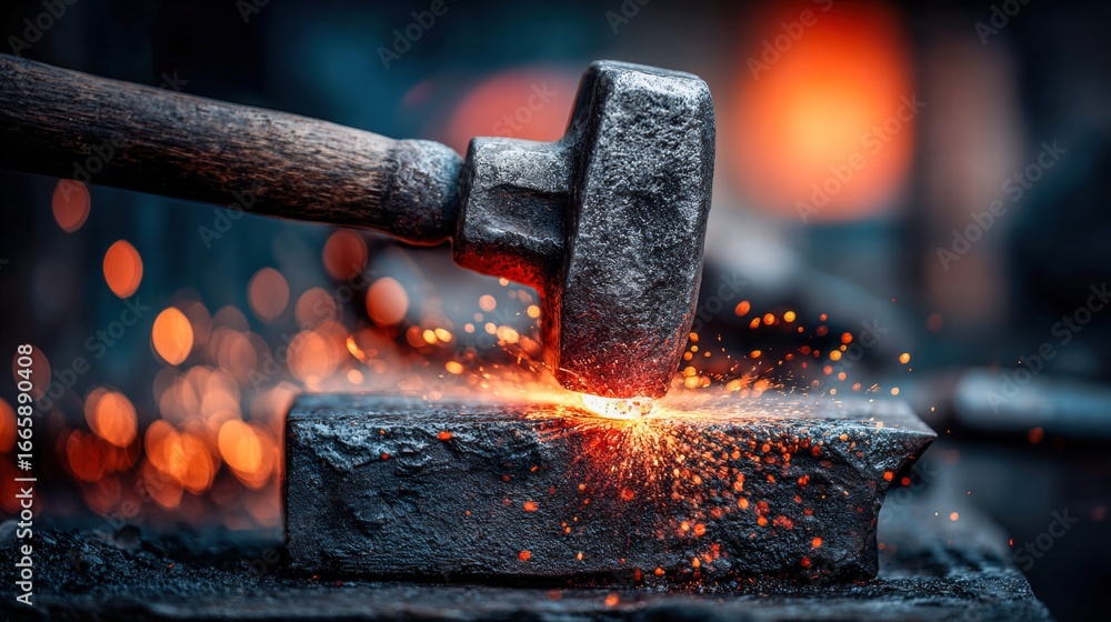 Poster a blacksmith expertly hammers glowing hot metal on an anvil, creating a spark-filled display.