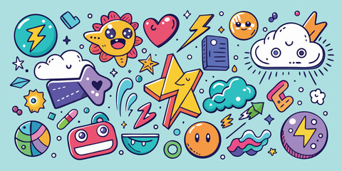 Vibrant doodle vector illustration featuring whimsical characters and playful elements on a light blue background for creative projects