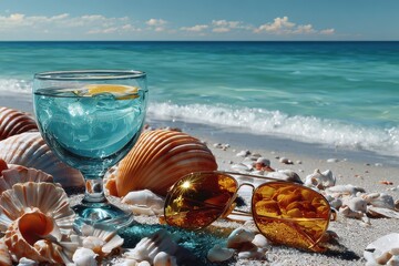 Enjoying a vibrant beach day with a refreshing cocktail, shells, and sunglasses against the serene turquoise ocean backdrop