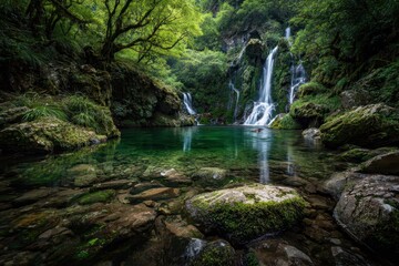 Stunning waterfalls cascade into a serene pool in Wolong National Park, Sichuan, showcasing nature's beauty in a tranquil setting