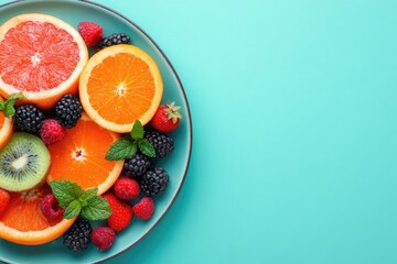 Colorful fruit platter on teal background