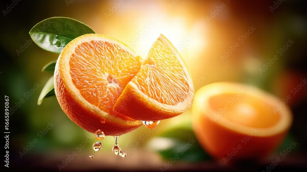 Poster sliced oranges with water droplets create a refreshing and healthy image, perfect for various concep