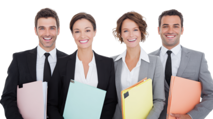 Group of smiling professionals holding files, isolated on white background.