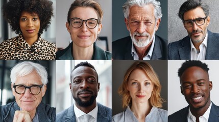 collage of portraits of an ethnically diverse and mixed age group of focused business professionals no logos no brands ar 169