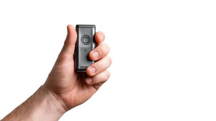 Hand holding a portable voice recorder, isolated on a white background.