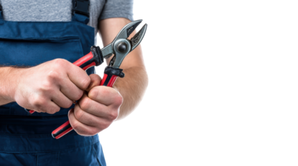 Hands holding a pair of pliers, ready for work with tools, isolated on white background.