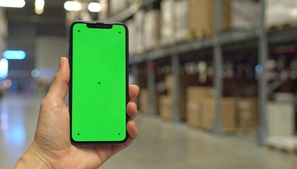 Hand holding smartphone with green screen in warehouse