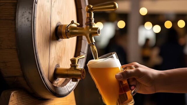hand pouring fresh beer from wooden barrel tap