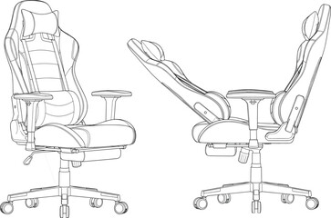 Modern ergonomic gaming chair, reclining office seat design, adjustable armrests and wheels, high back support, detailed line drawing, isolated white background, swivel desk chair blueprint