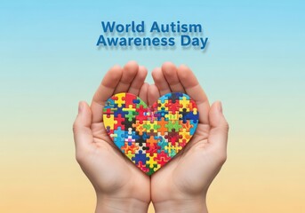 Hands hold colorful puzzle pieces forming a heart for world autism awareness day support