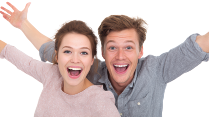 Happy couple celebrating with wide smiles and open arms, white isolated background.