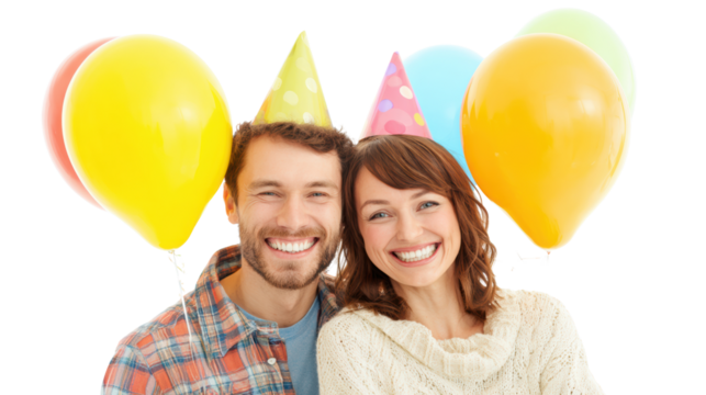 Happy couple celebrating with colorful balloons and party hats, white isolate background.