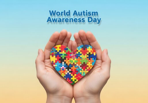 Hands hold colorful puzzle pieces forming a heart for world autism awareness day support
