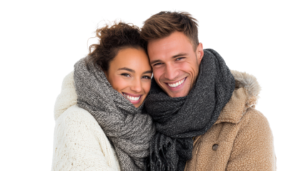 Happy couple embracing, wearing warm scarves, smiling joyfully against a white isolated background.
