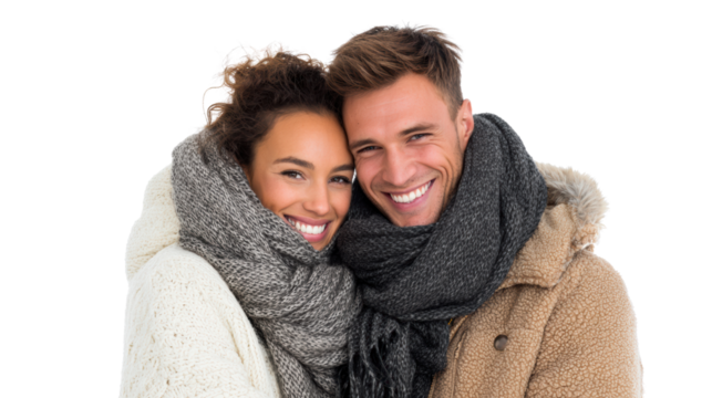 Happy couple embracing, wearing warm scarves, smiling joyfully against a white isolated background.