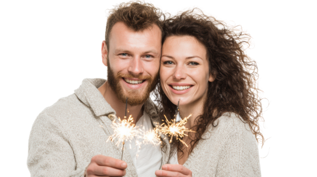 Happy couple celebrating with sparklers, joy and love in the air, white isolate background.