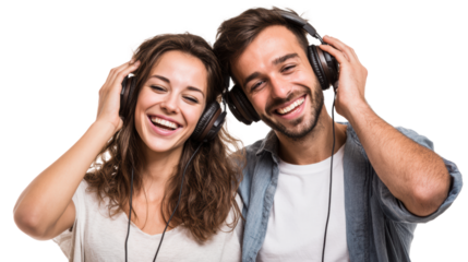 Happy couple enjoying music together with headphones on, smiling and having fun.