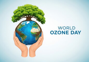 Hands protecting earth with lush tree symbolizing world ozone day and environmental care