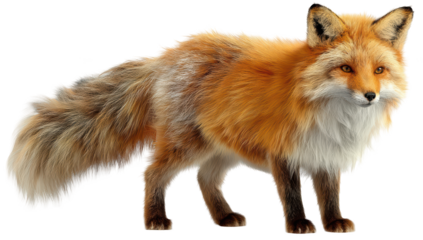 A detailed side view of a beautiful, vibrant red fox with fluffy fur, full tail, standing