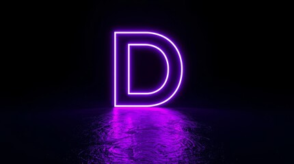 alphabet D glowing in the dark, pink blue neon light. stylized alphabet D outline in a vibrant neon light that fades from blue at the top to purple at the bottom, wet floor against a black background