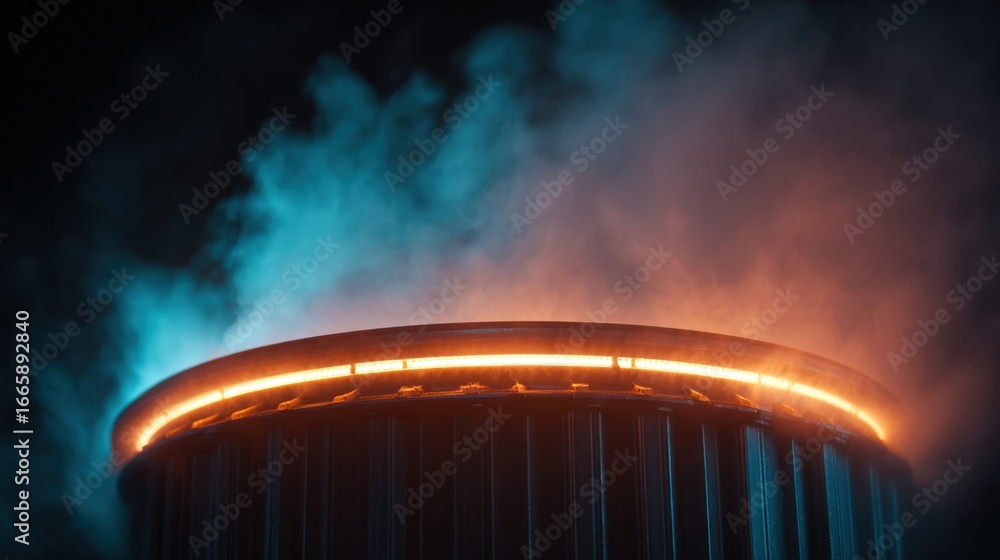 Poster the illuminated circular structure with vibrant smoke creates an abstract, futuristic visual.