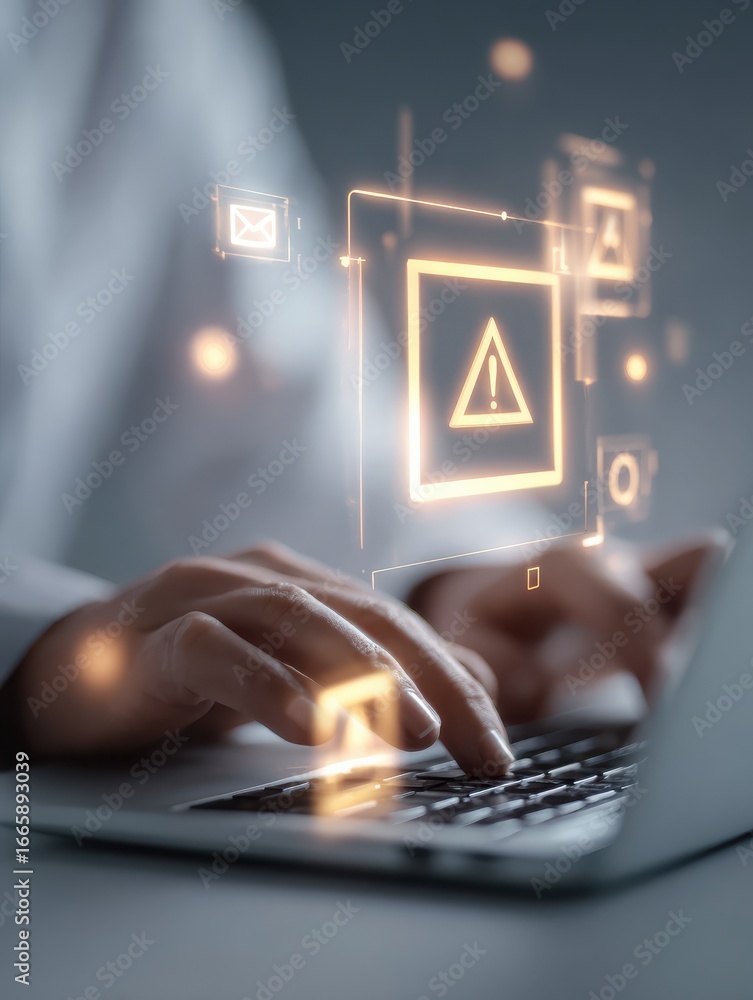 Poster person working on a laptop with a digital warning interface showing alerts email and danger symbols 