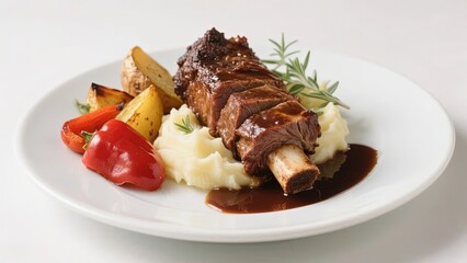 Grilled Lamb Shank with Mashed Potatoes, Roasted Vegetables, and Herb Garnish