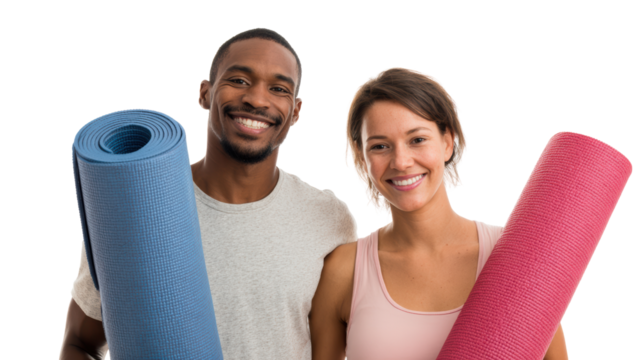Happy couple holding yoga mats, ready for a fitness session, white isolated background. - Powered by Adobe