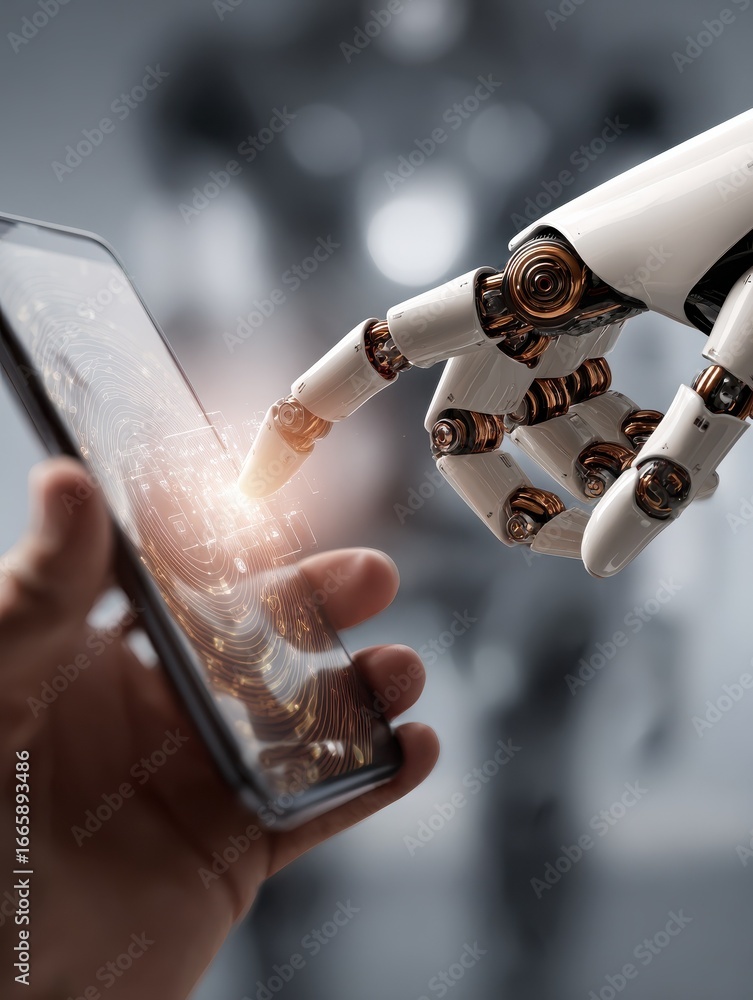 Poster smartphone user interacting with ai chatbot assistant on screen for digital customer support and vir